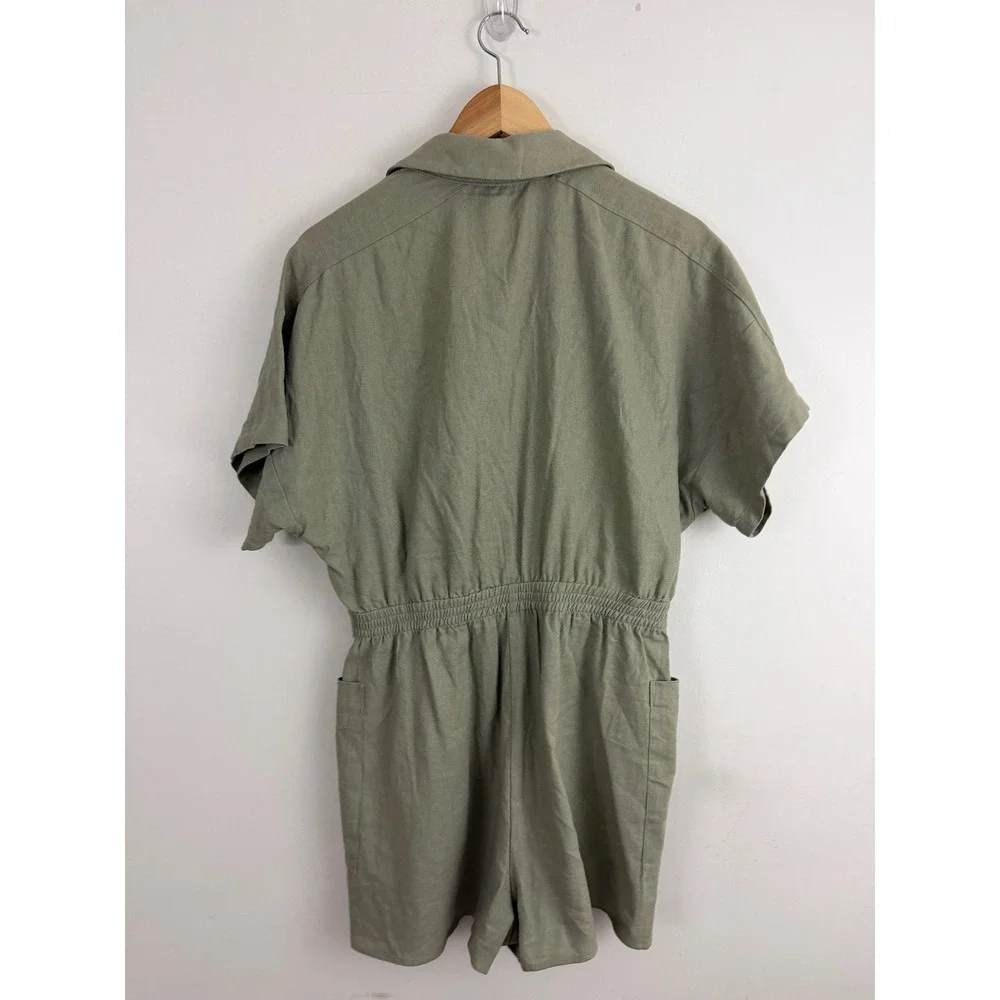 Zara Linen Blend Button Front Romper Women S Green Short Sleeve Utility Safari